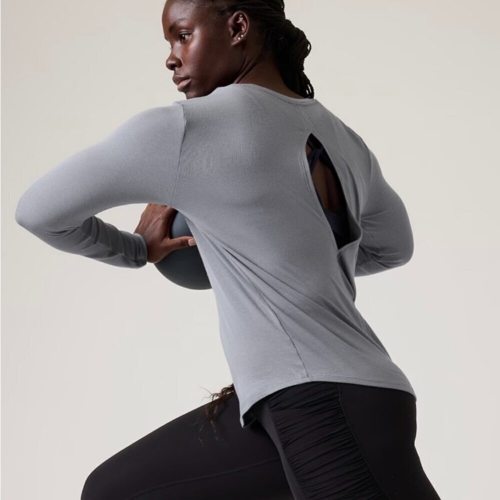 NWT Athleta With Ease Open Back Rib Top‎ In Blue Gray L​​​